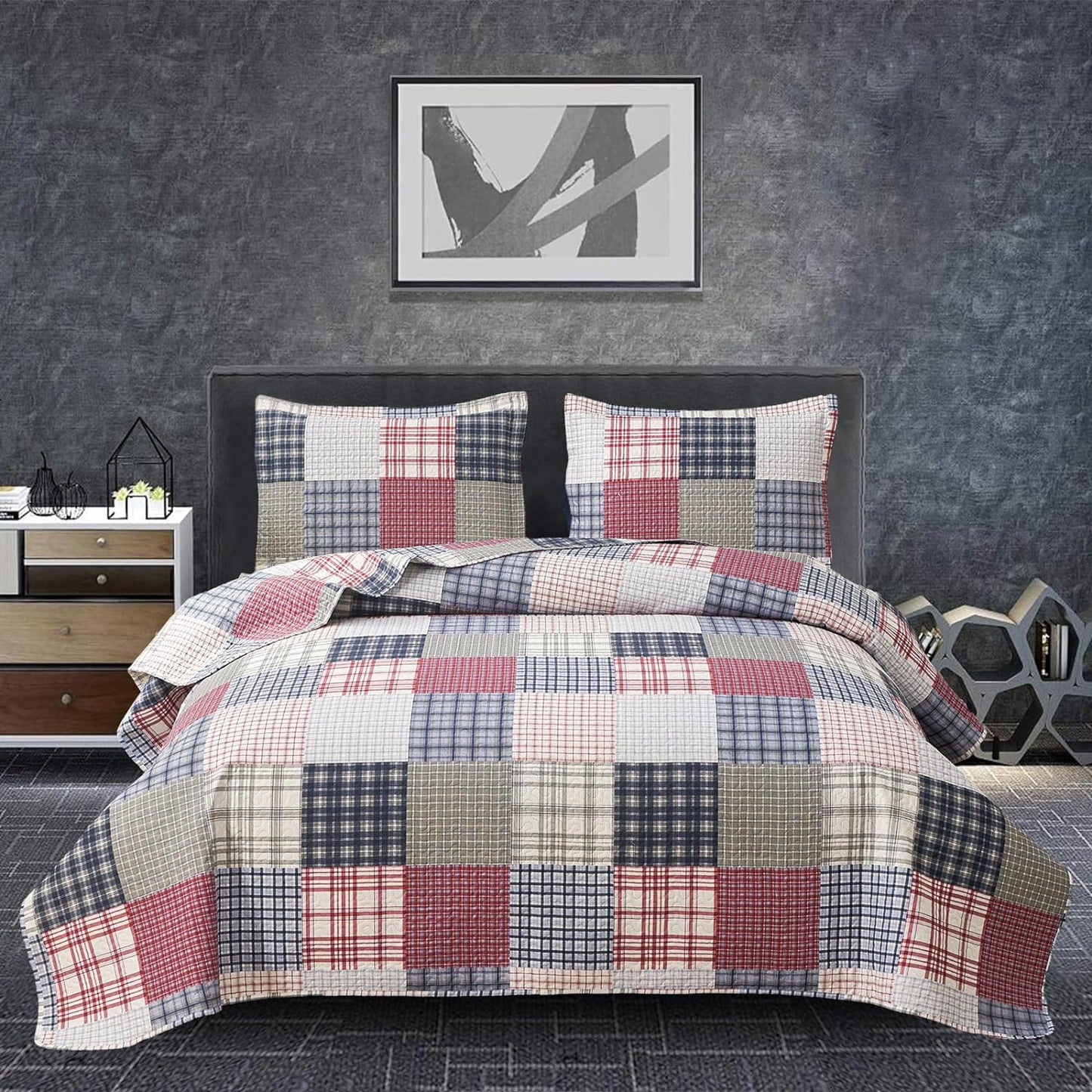Plaid Quilt Set Queen Size Soft Microfiber Bedspread Coverlet