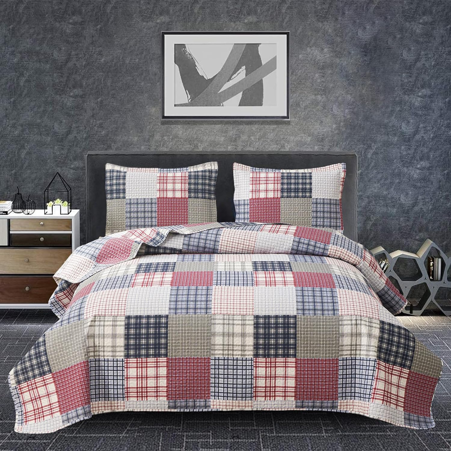 Plaid Quilt Set Queen Size Soft Microfiber Bedspread Coverlet