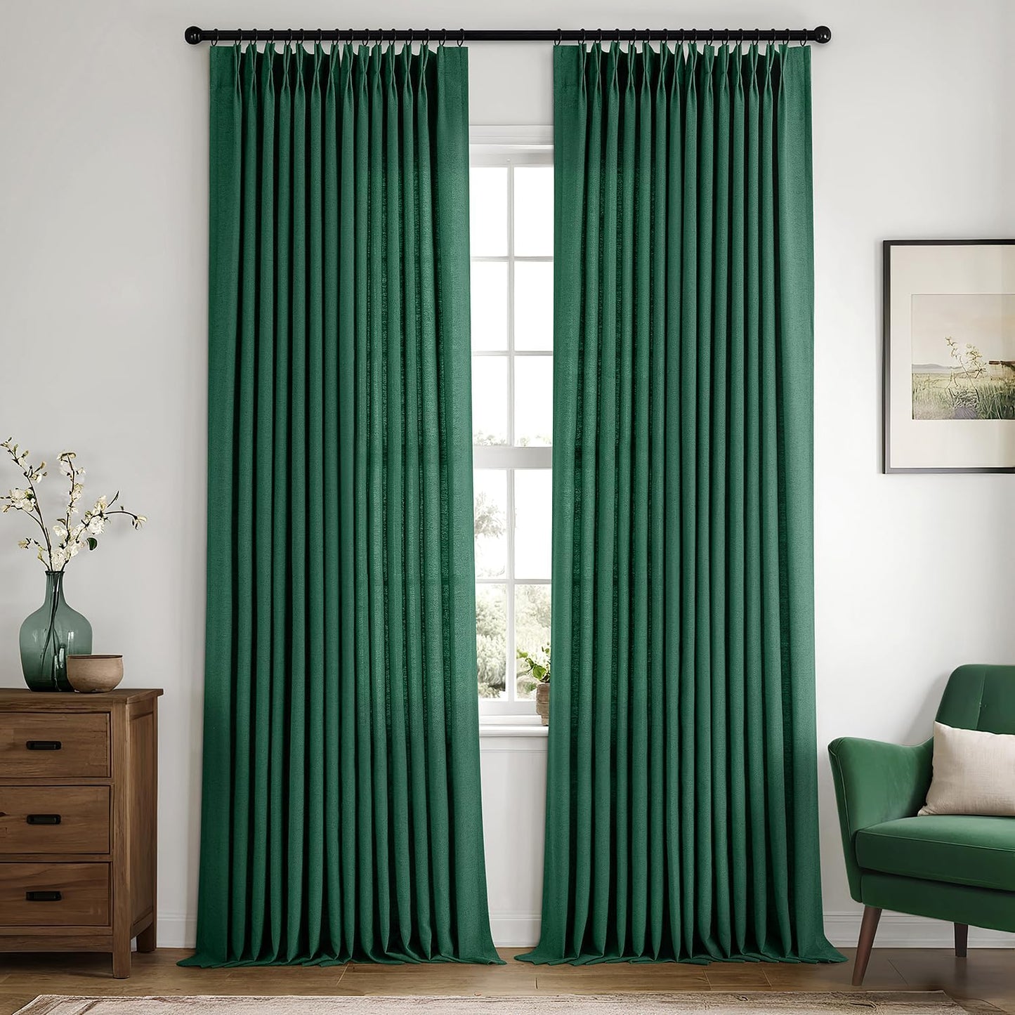 Emerald Green Pinch Pleated Linen Sheer Curtains for Elegance