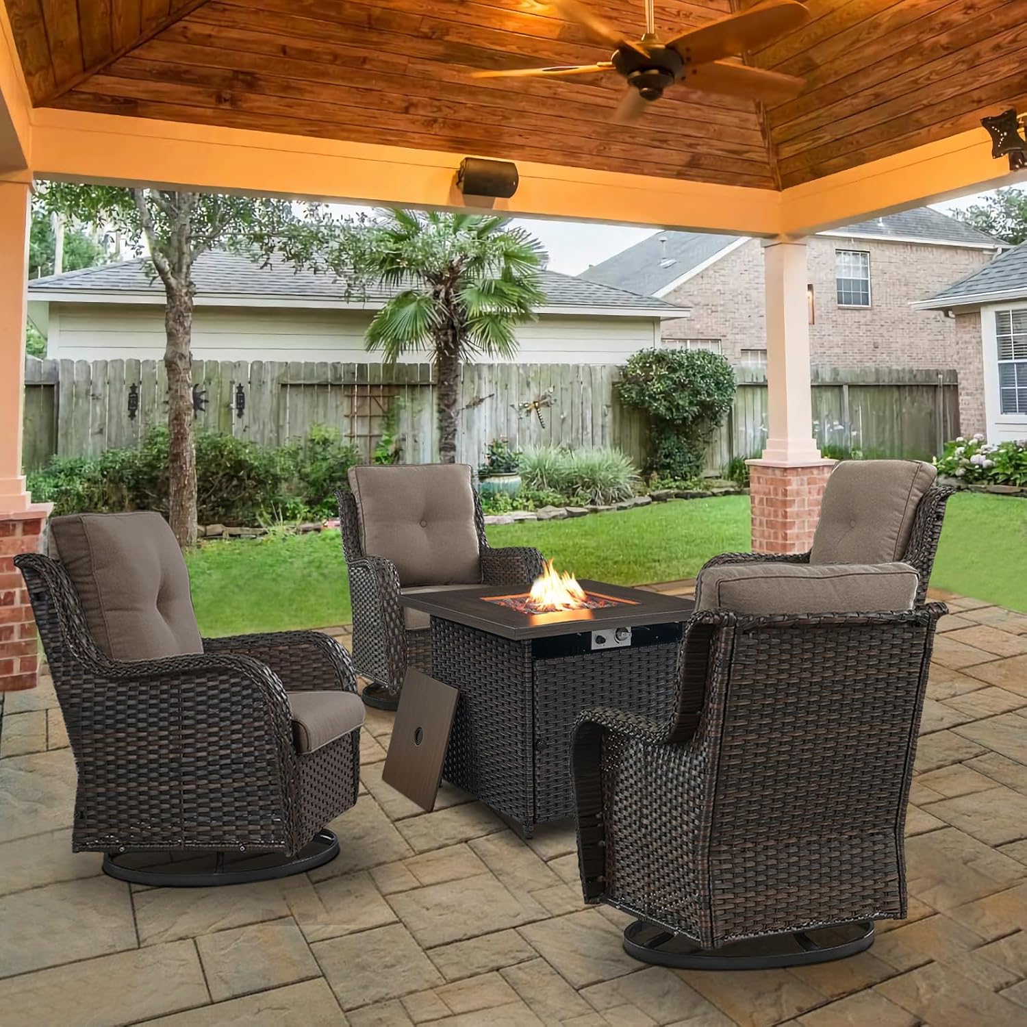 5 Piece Patio Wicker Furniture Set with Swivel Rocker Chairs