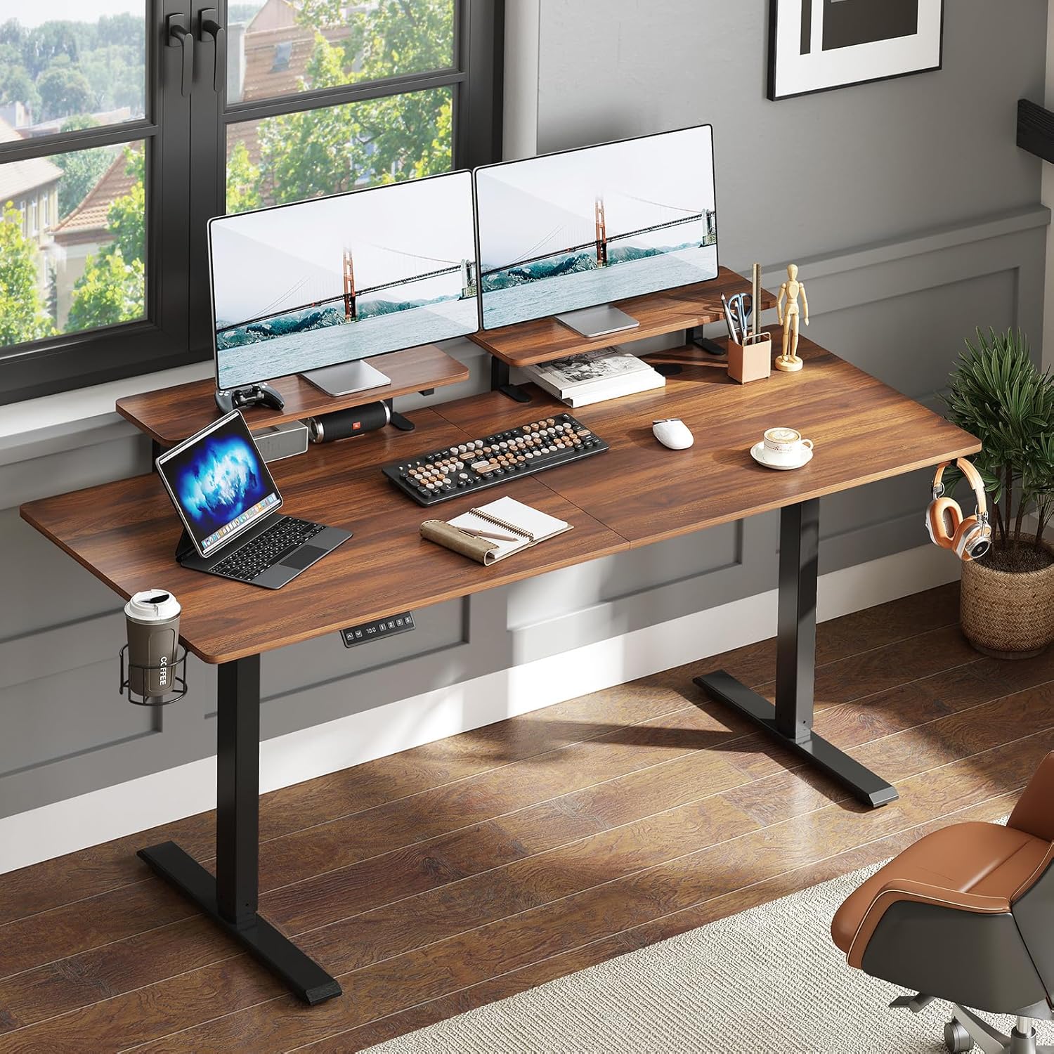Electric Standing Desk with Dual Monitor Shelves ~ Customizable Height by ONBRILL