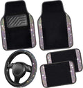Bling Diamond Leather Steering Wheel Cover and 5pc Floor Mat Set