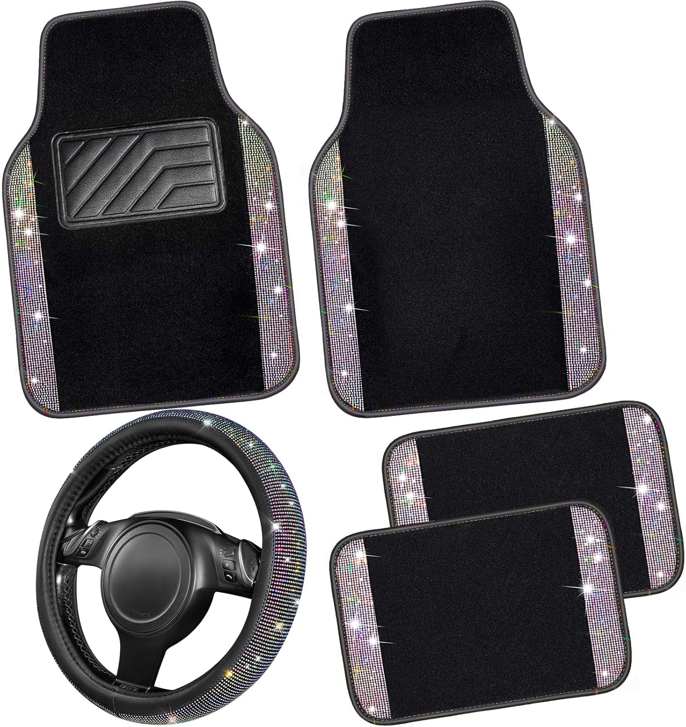 Bling Diamond Leather Steering Wheel Cover and Floor Mats Set