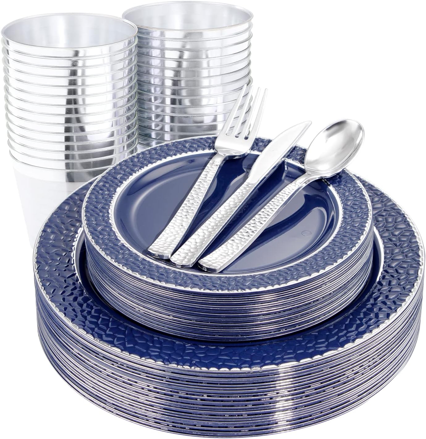 Ciaell 150 PCS Blue and Silver Plastic Plates for Parties