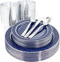 Blue and Silver Plastic Plates Set for 25 Guests - Disposable Party