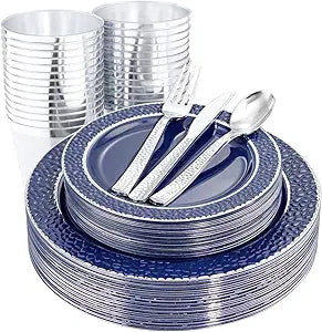 Ciaell 150PCS Blue and Silver Plastic Plates for Parties