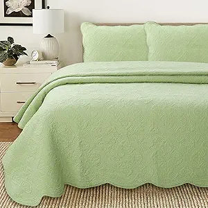 Victorian Medallion Solid Green Cotton Bedding Quilt Set for Twin