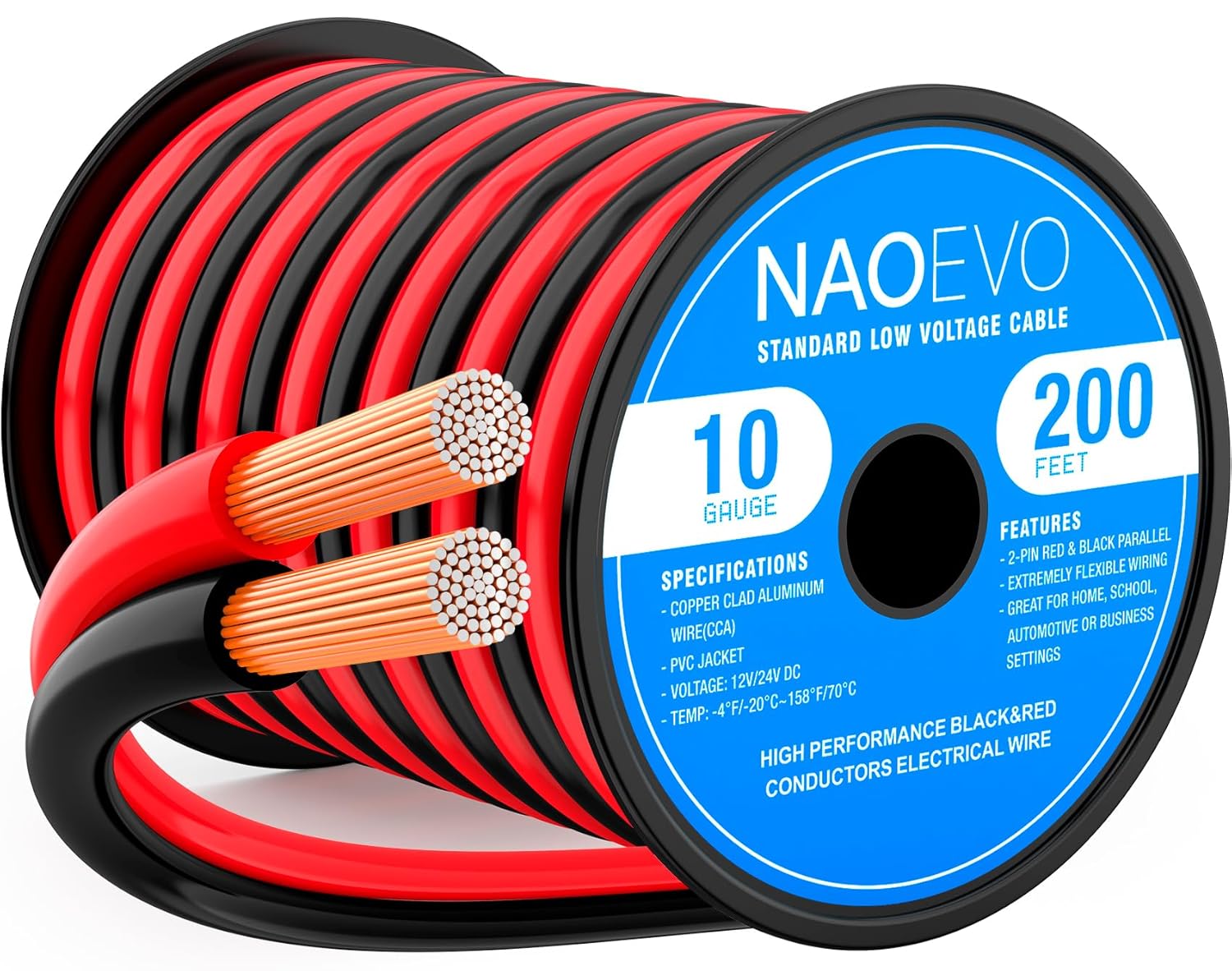 NAOEVO 10 Gauge Wire 200FT for Flexible Low Voltage Applications