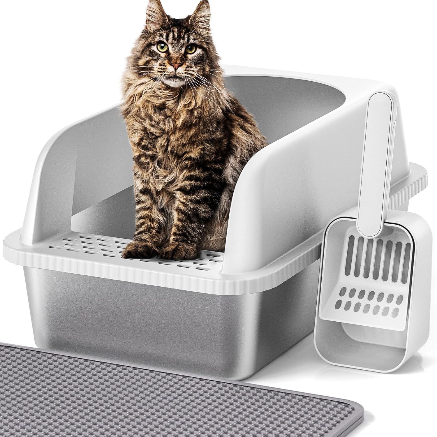 Stainless Steel Cat Litter Box with Lid for Big Cats, 20 L x 14.2 W