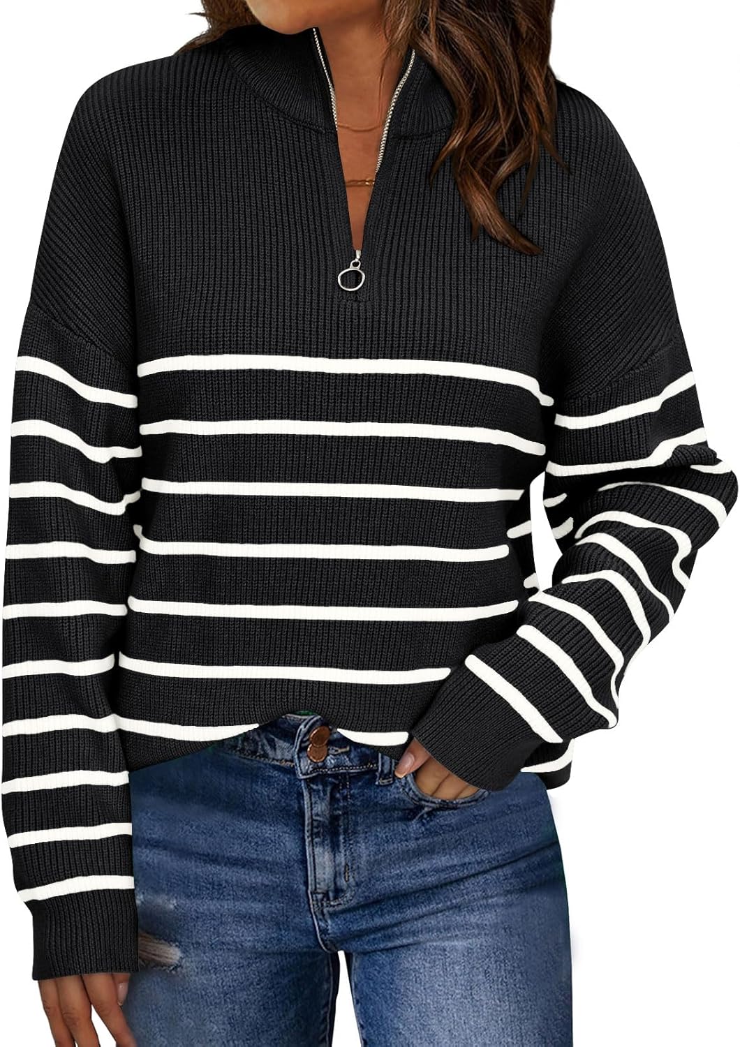 LILLUSORY Women's Quarter Zip Striped Oversized Sweater Review