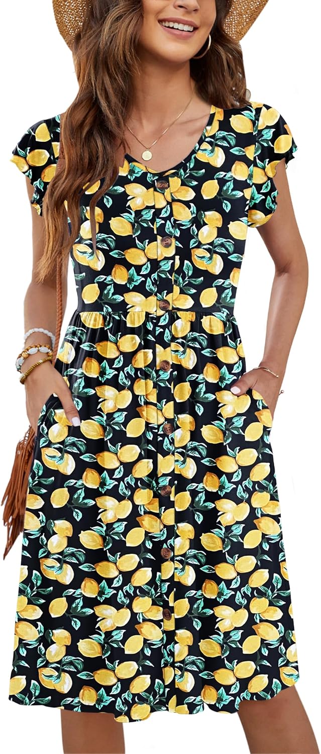 WNEEDU Women Summer Dresses Casual Loose Swing Midi Dress