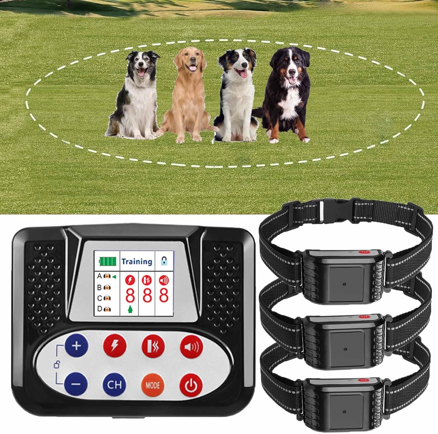 2-in-1 Wireless Dog Fence with Remote Training - Adjustable Strength & Range, Rechargeable - Contains 3 Dogs