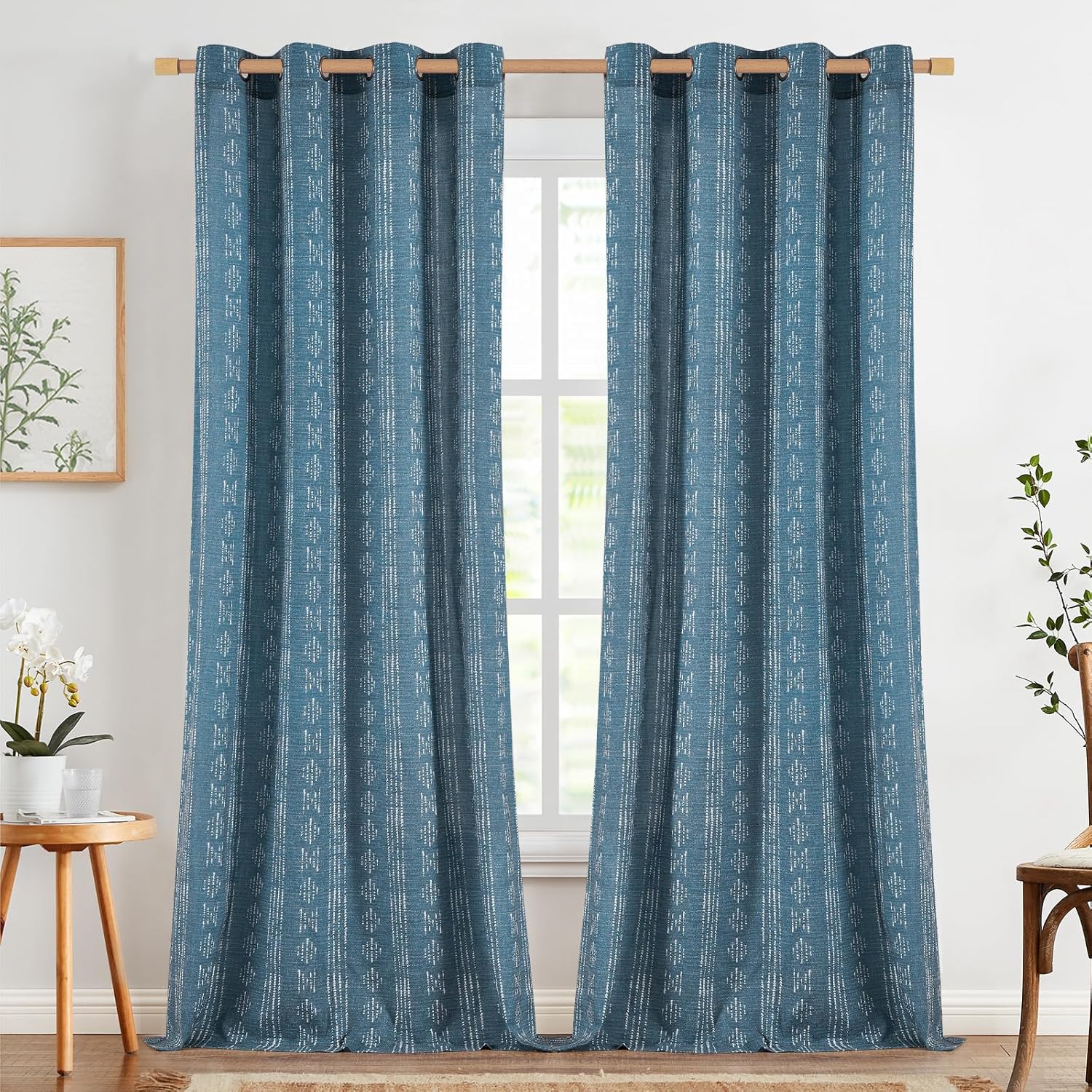 Boho Curtains for Living Room - Linen Blend Drapes 108 Inch