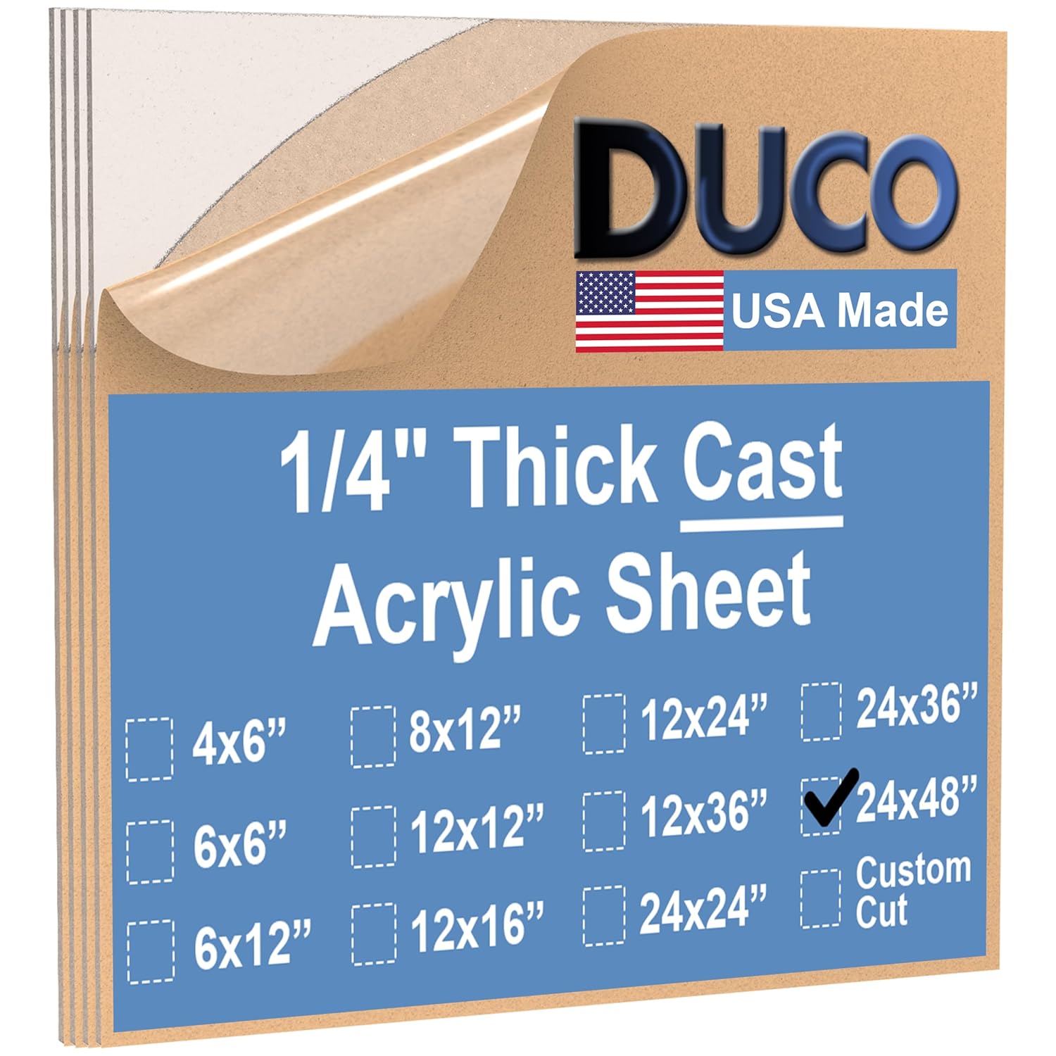 Duco USA-Made Clear Cast Acrylic Sheet 1/4 Inch Thick 24in x 48