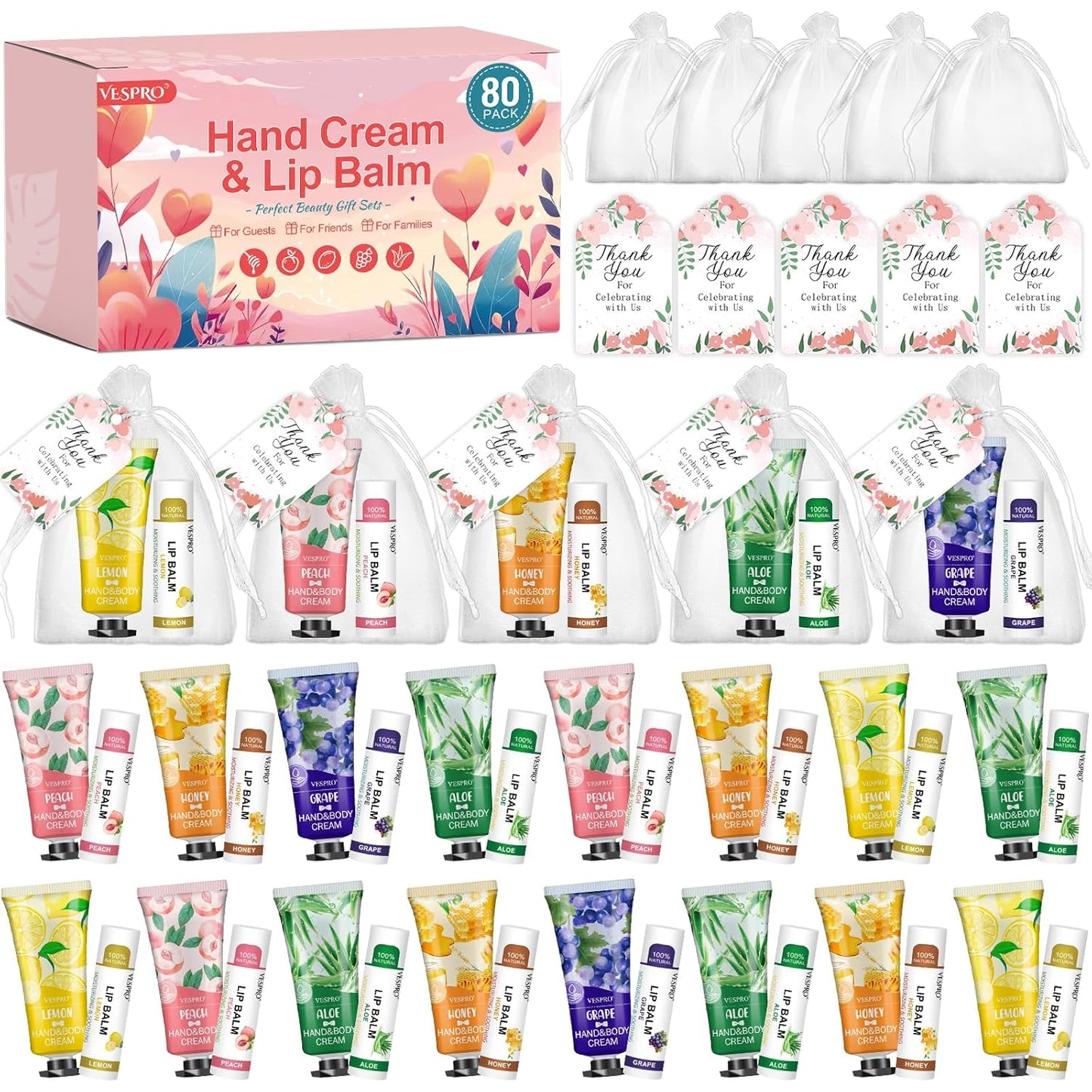 80 Sets Bulk Hand Cream and Lip Balm Gifts for Women and Guests