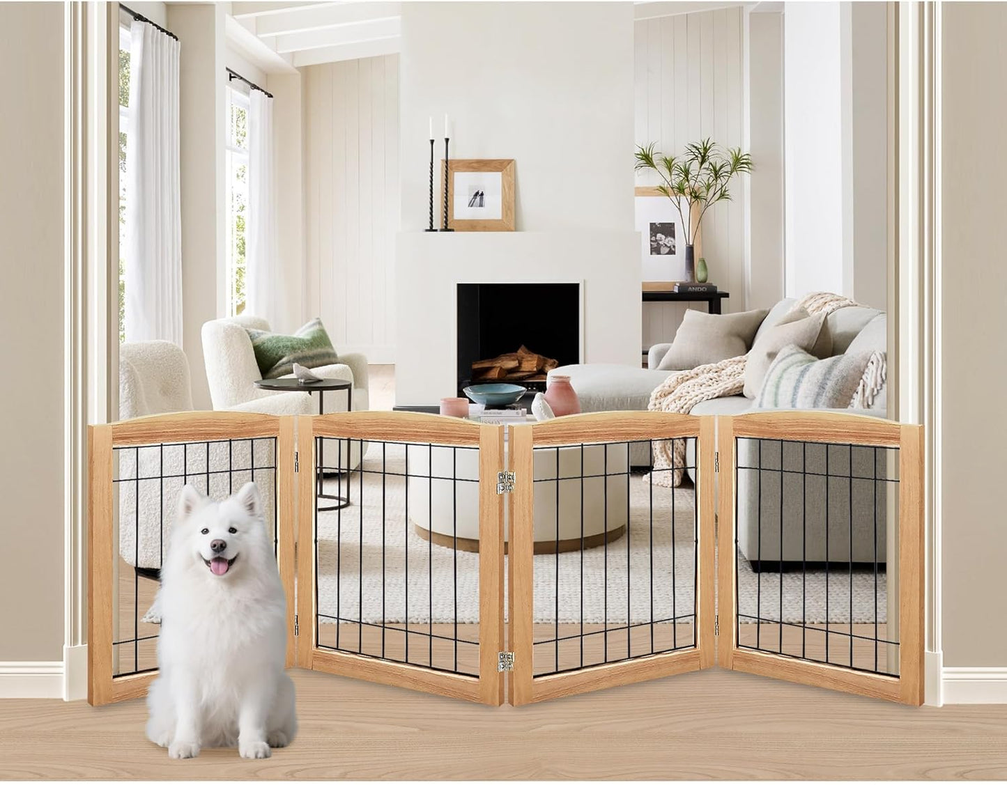 LZRS 4-Panel Extra-Wide Wooden Freestanding Dog Gate for Pets