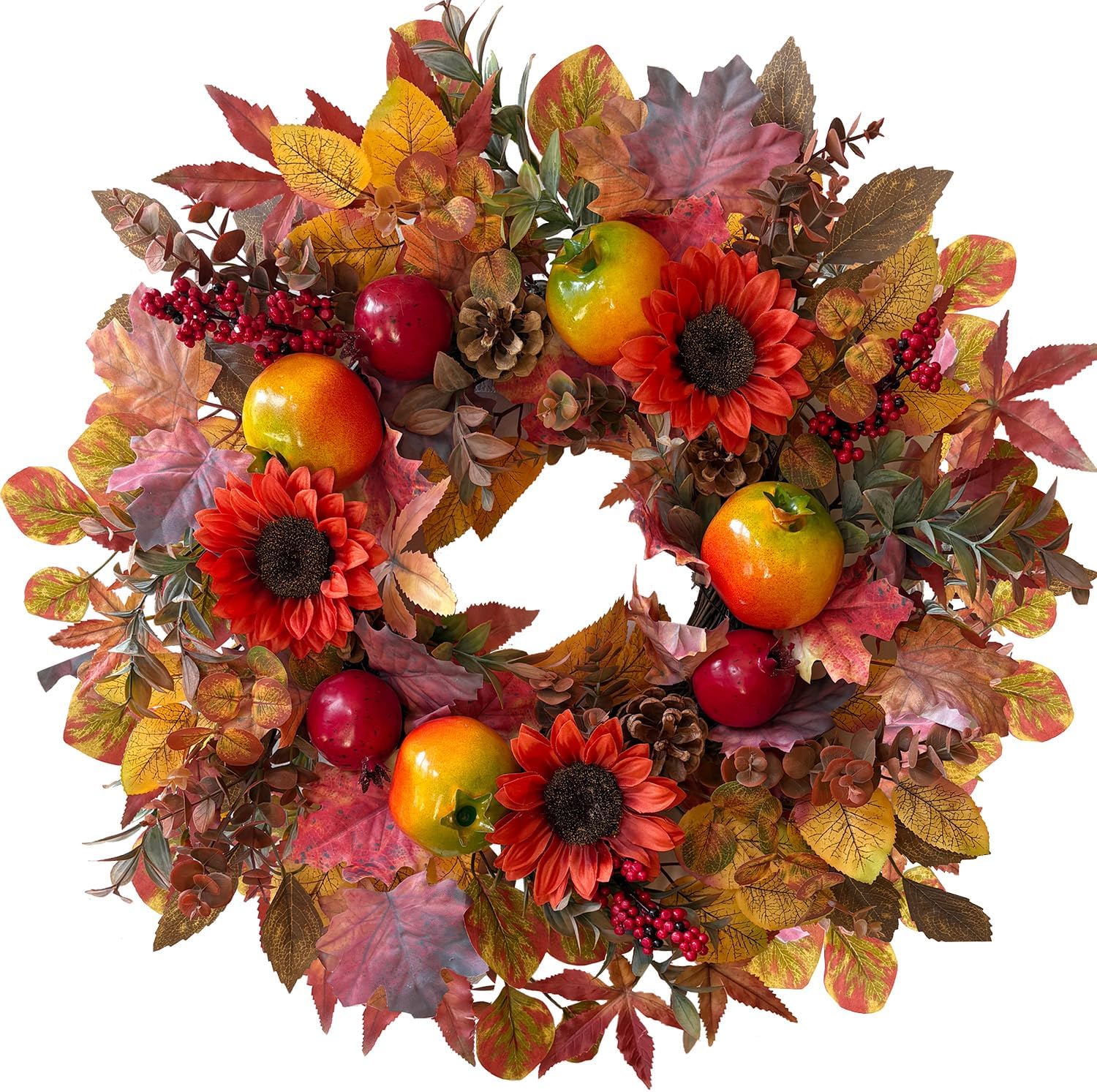 24 Inch Orange Autumn Door Wreath with Pomegranate & Sunflowers