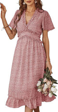 Women's Summer Floral Midi Dress - Ruffle V Neck Chiffon