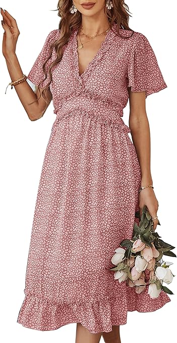 KIRUNDO Women's Summer Casual Ruffle Short Sleeve Midi Dress