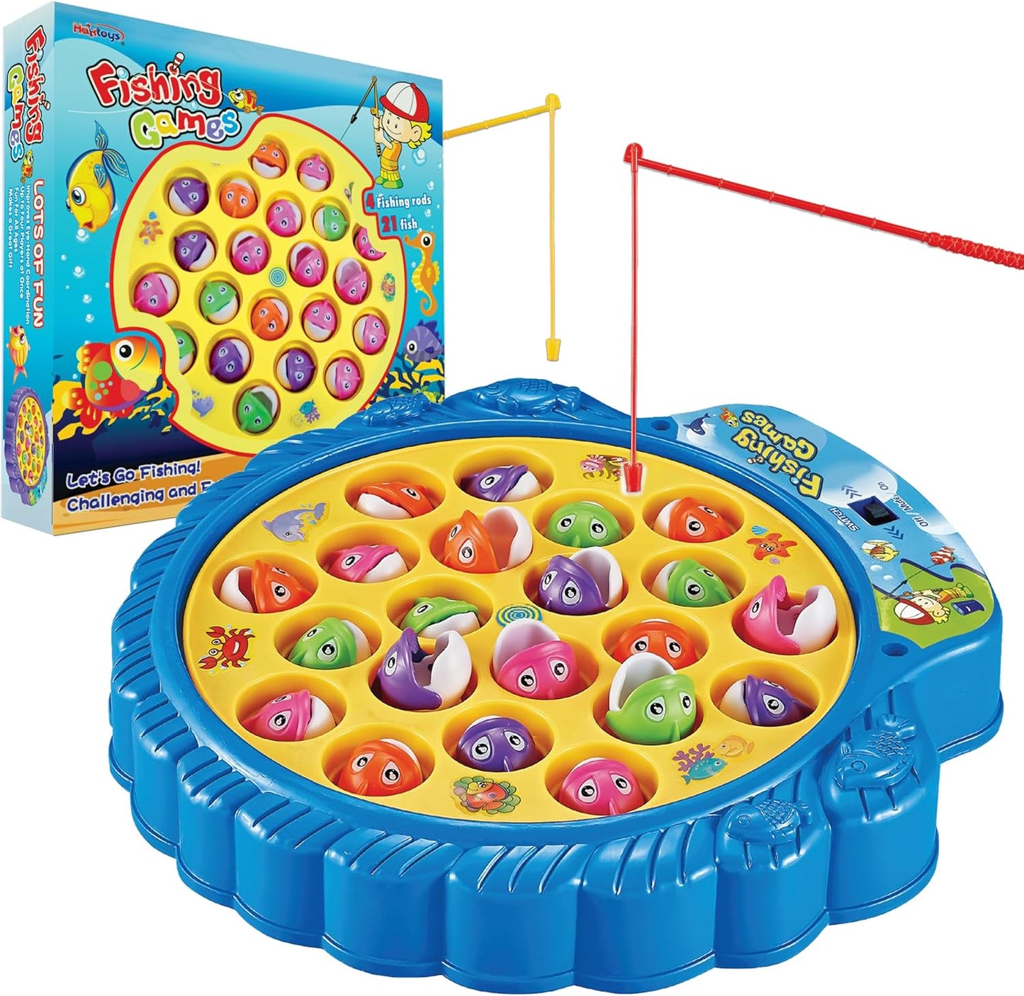 Haktoys Interactive Fishing Game - 21 Fish, 4 Poles, Music On/Off - Fun & Educational!