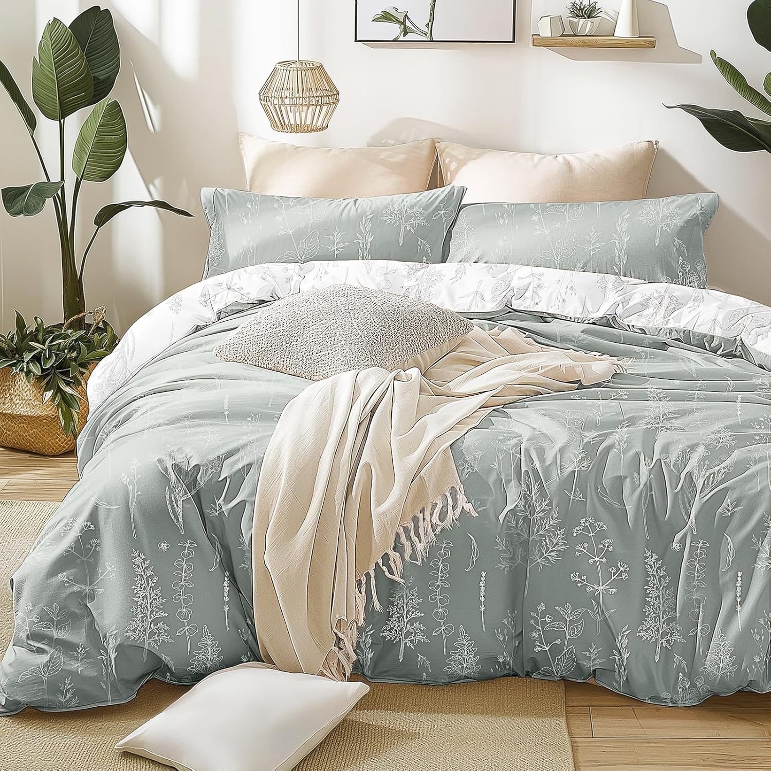 Grey Queen Comforter Set - Soft Reversible Floral Bedding