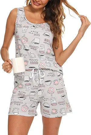 ENJOYNIGHT Women's Pajamas Set Cute Sleeveless Print Tank Shorts