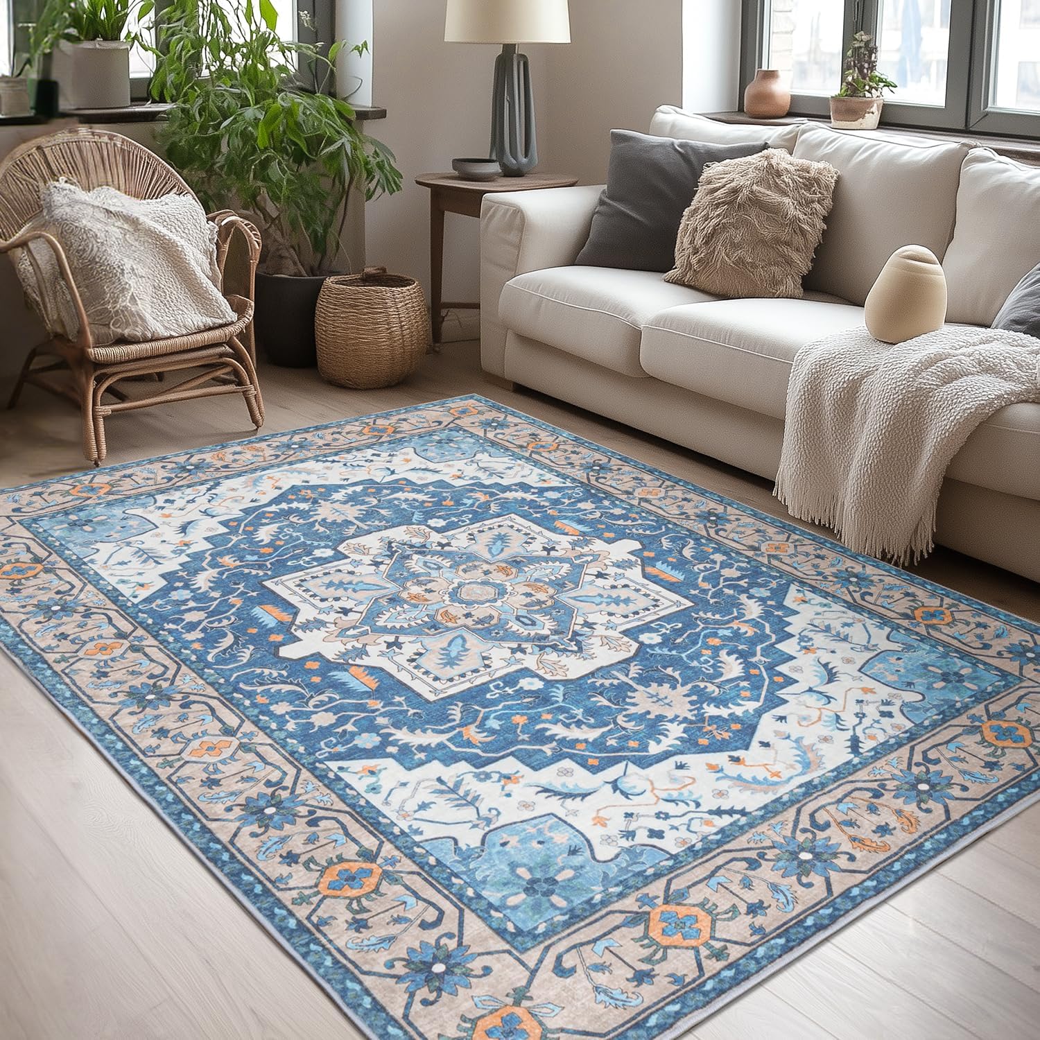 5x7 Area Rugs by Lessymo - Soft Faux-Wool Vintage Floral Design