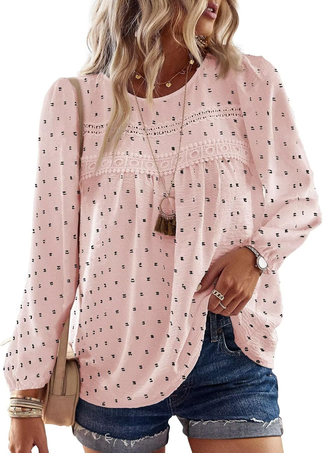 Womens Fall Tops Crewneck Long Sleeve Casual Chiffon Blouses