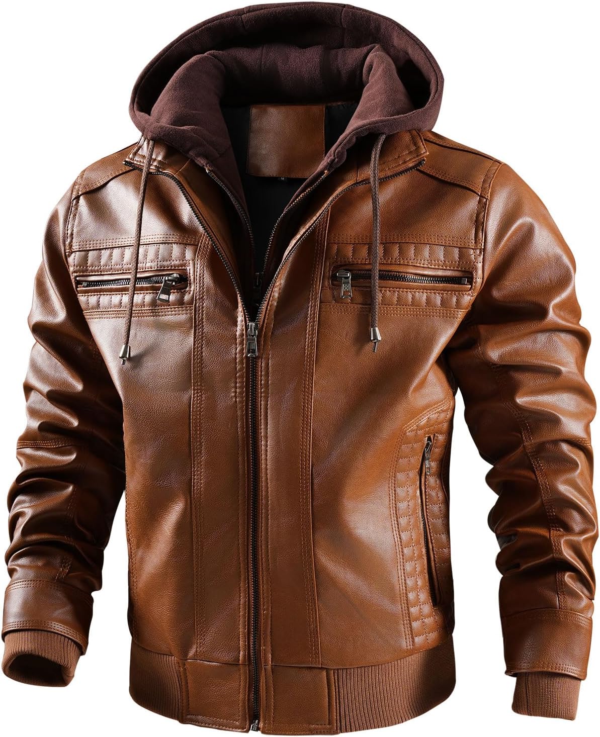 Men's Leather Jacket Motorcycle Bomber with Removable Hood