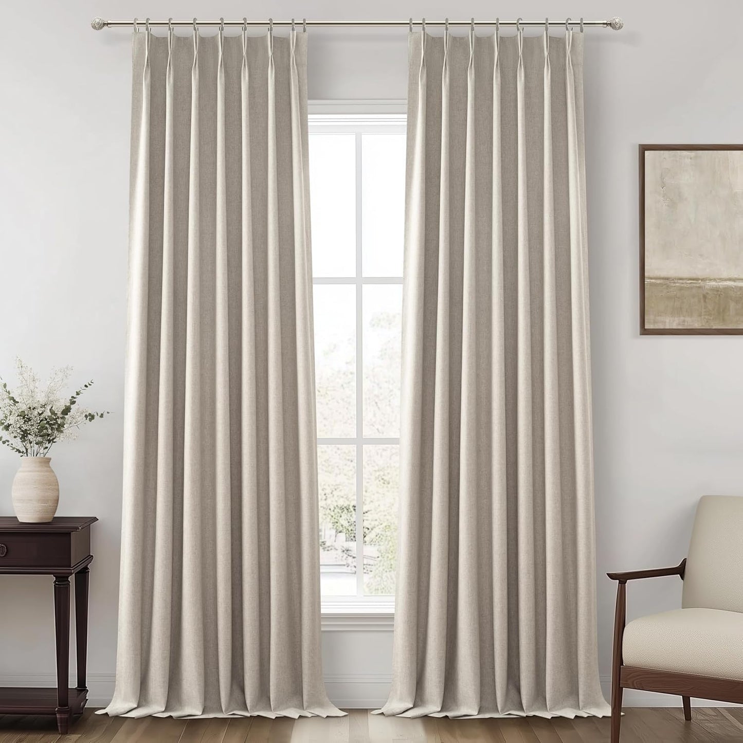 Grey Flax Beige 120 Inch Length Linen Pinch Pleated Curtains