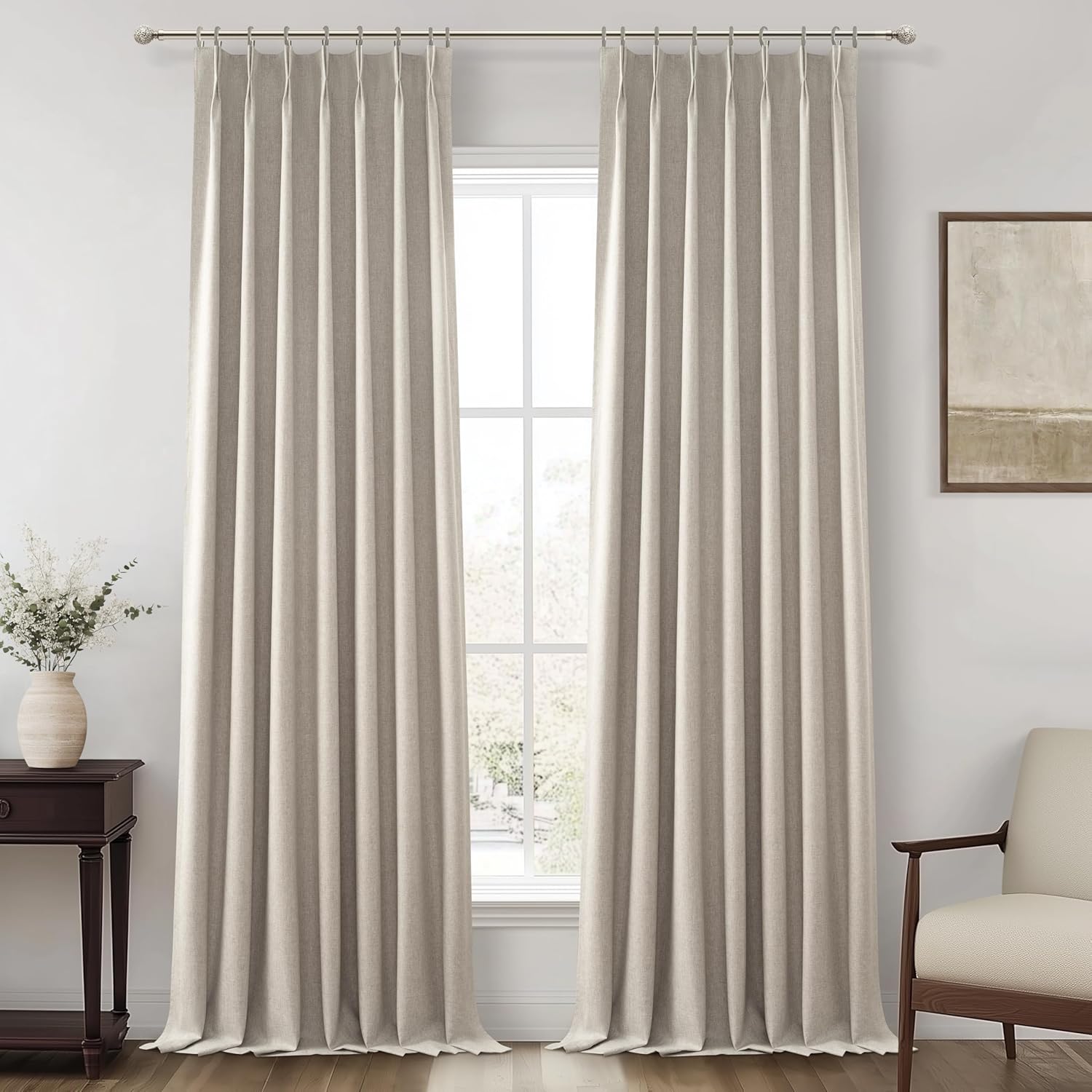 Grey Flax Beige 120 Inch Length Linen Pinch Pleated Curtains