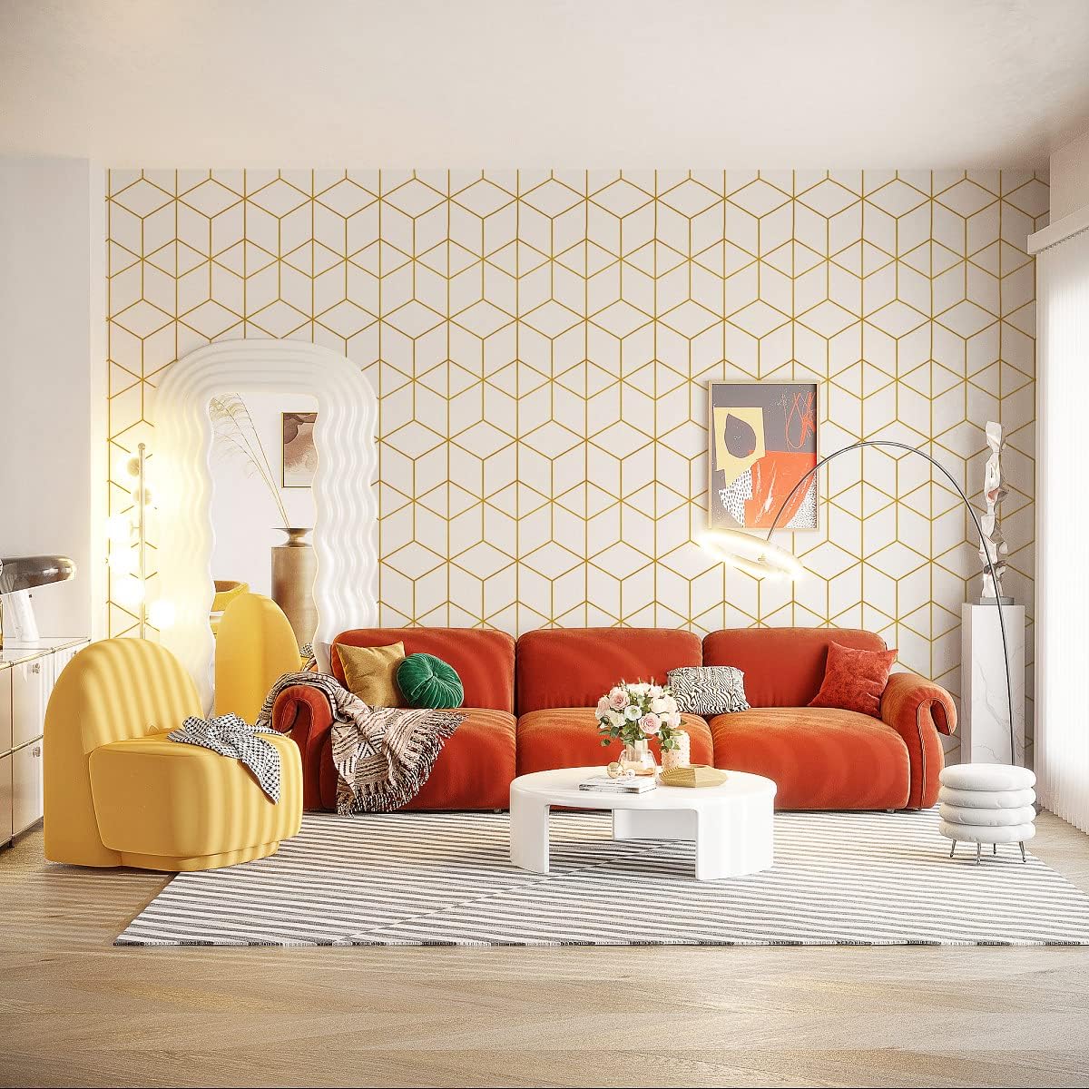 Peel and Stick Wallpaper for Bedroom - Gold and White Design