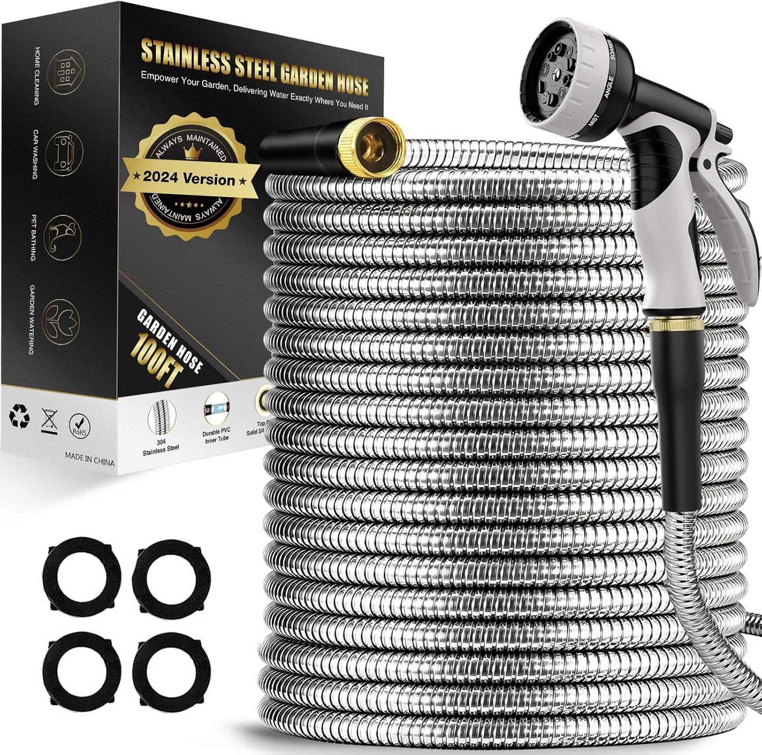 Lefree 100ft Metal Garden Hose with 10-Function Nozzle for Yard
