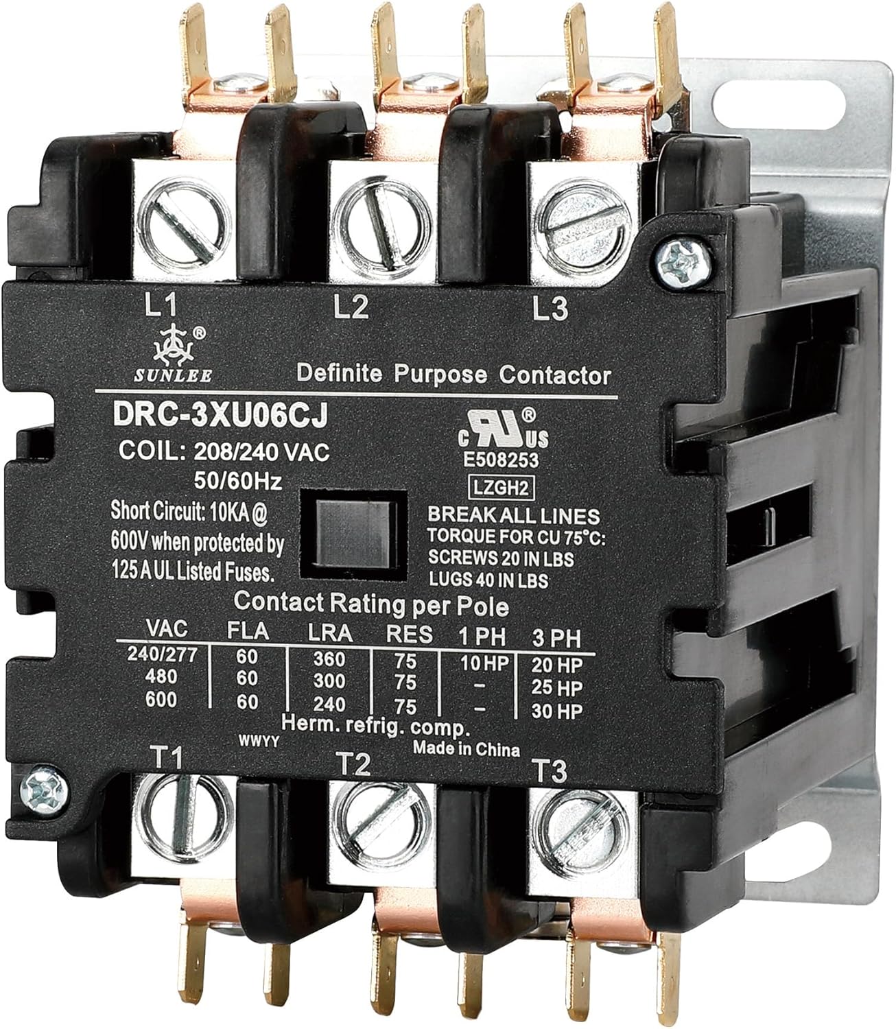 SUNLEE 60 Amp 3 Pole Contactor for Reliable HVAC Applications