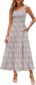 Womens Spaghetti Strap Floral Maxi Dress with Pockets - Flowy Summer