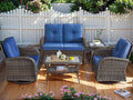 Patio Wicker 5-Piece Conversation Set Brown Blue - Swivel Gliders