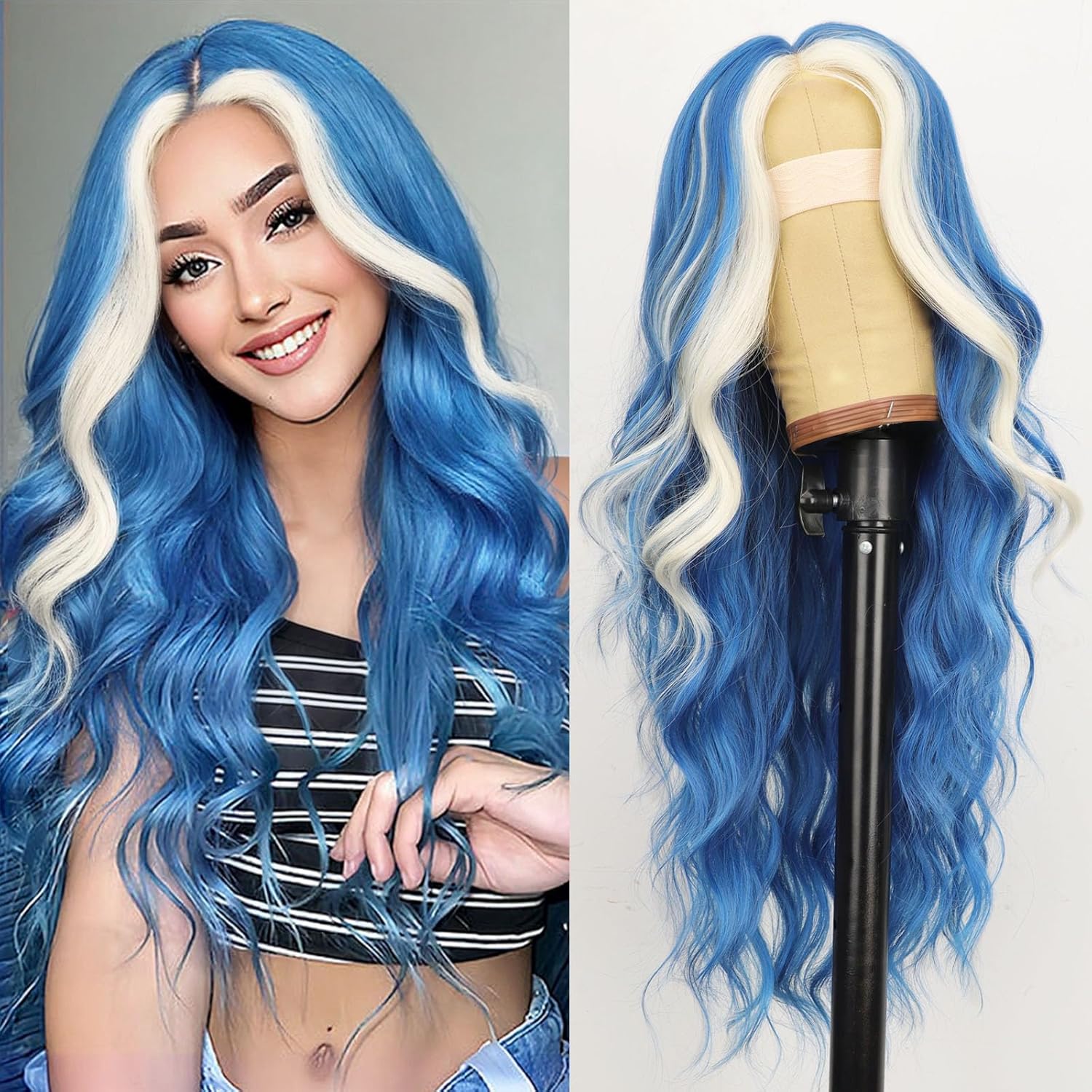 Light Blue Platinum Blonde Highlight Wig for Women - 26 Inch
