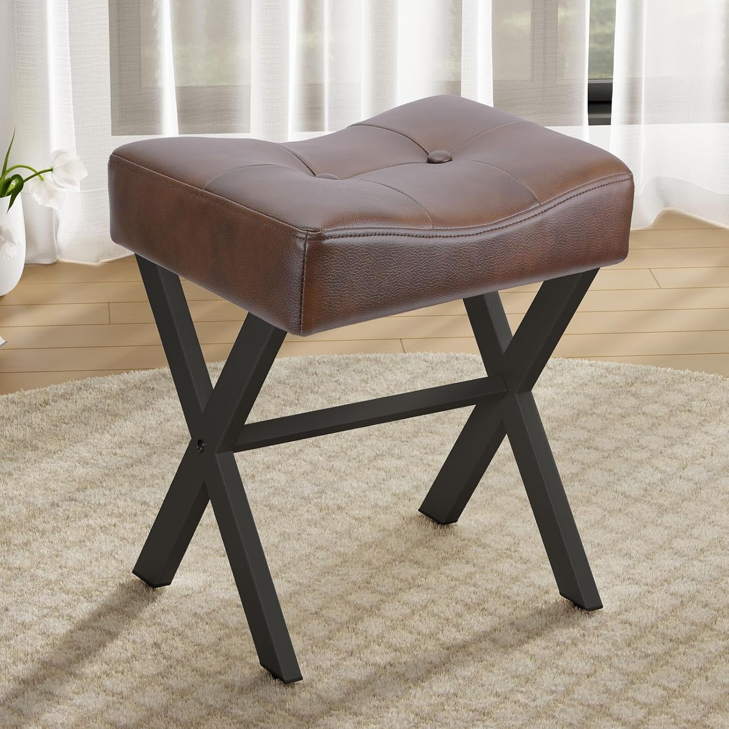 18-Inch Leather Vanity Stool Chair with Metal X-Leg Design