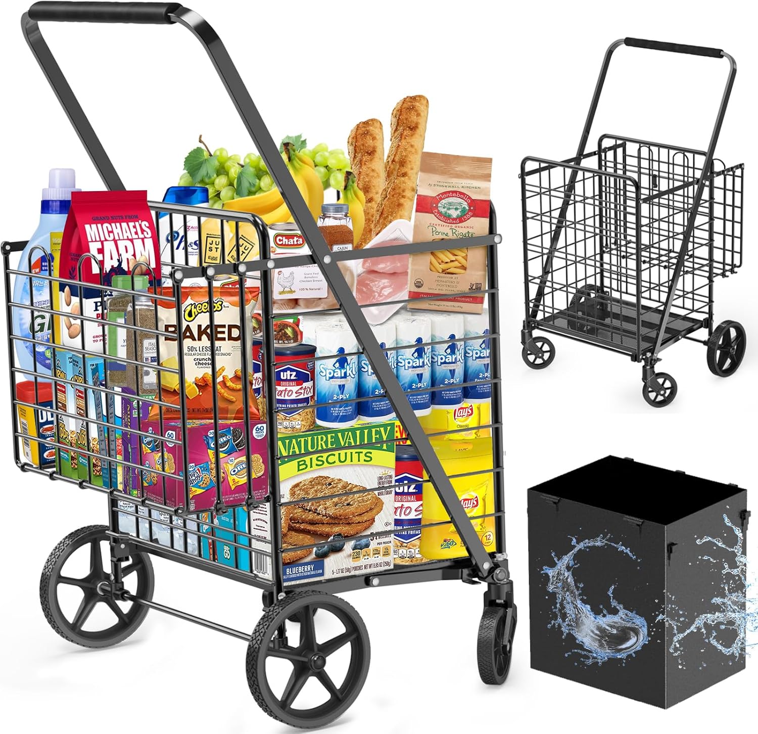 Large Folding Shopping Cart for Groceries with Dual Baskets 455lbs