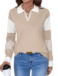 V Neck Long Sleeve Women's Color Block Striped Knitted Sweater - Cozy
