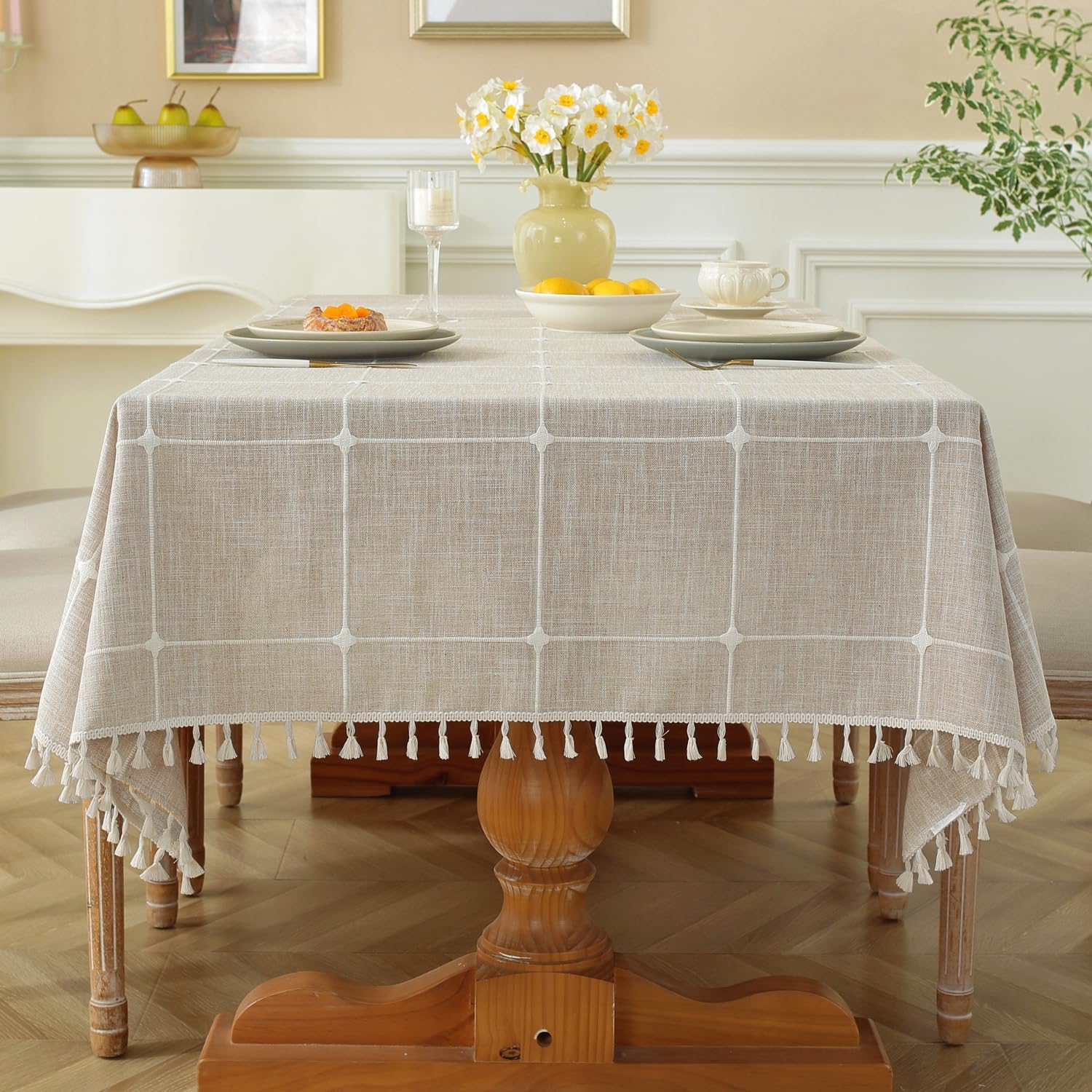 Laolitou Waterproof Tablecloth Burlap Linen with Tassel for Parties