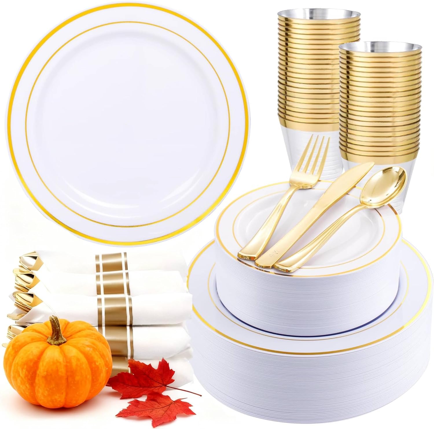 350Piece Gold Dinnerware Set for 50 Guests - Elegant Plastic Plates