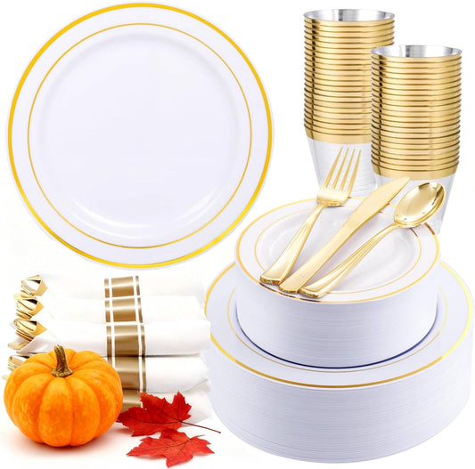 350Piece Gold Dinnerware Set for 50 Guests - Elegant Plastic Plates