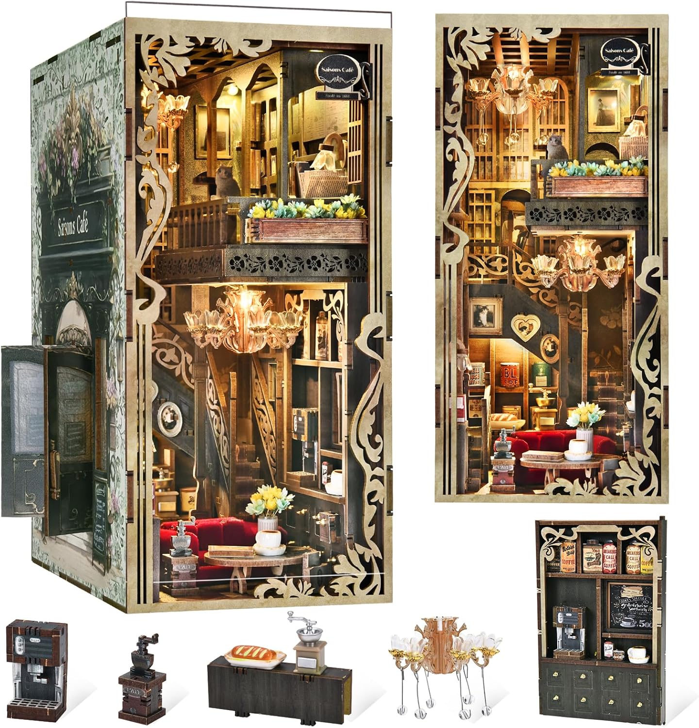 DIY Miniature Dollhouse Book Nook Kit with LED Light and Dust Cover