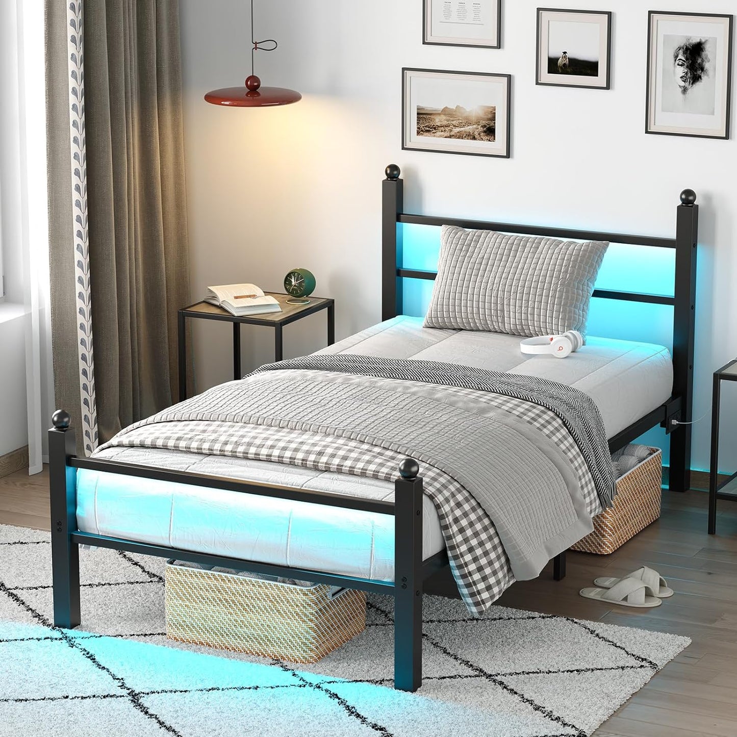 Twin Bed Frame with Headboard, LED Lights, and Charging Station