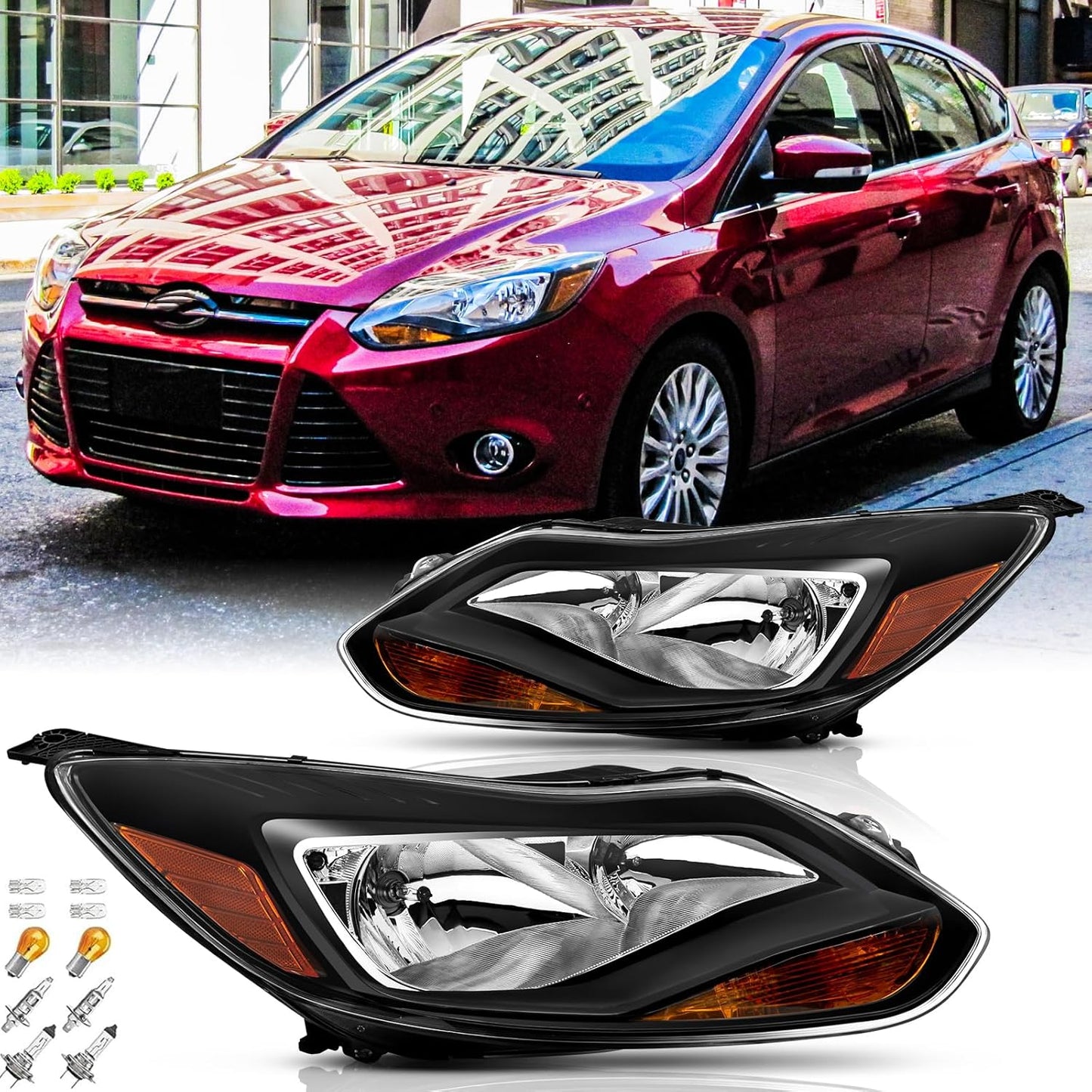 Headlights Assembly with Bulbs for 2012-2014 Ford Focus Models