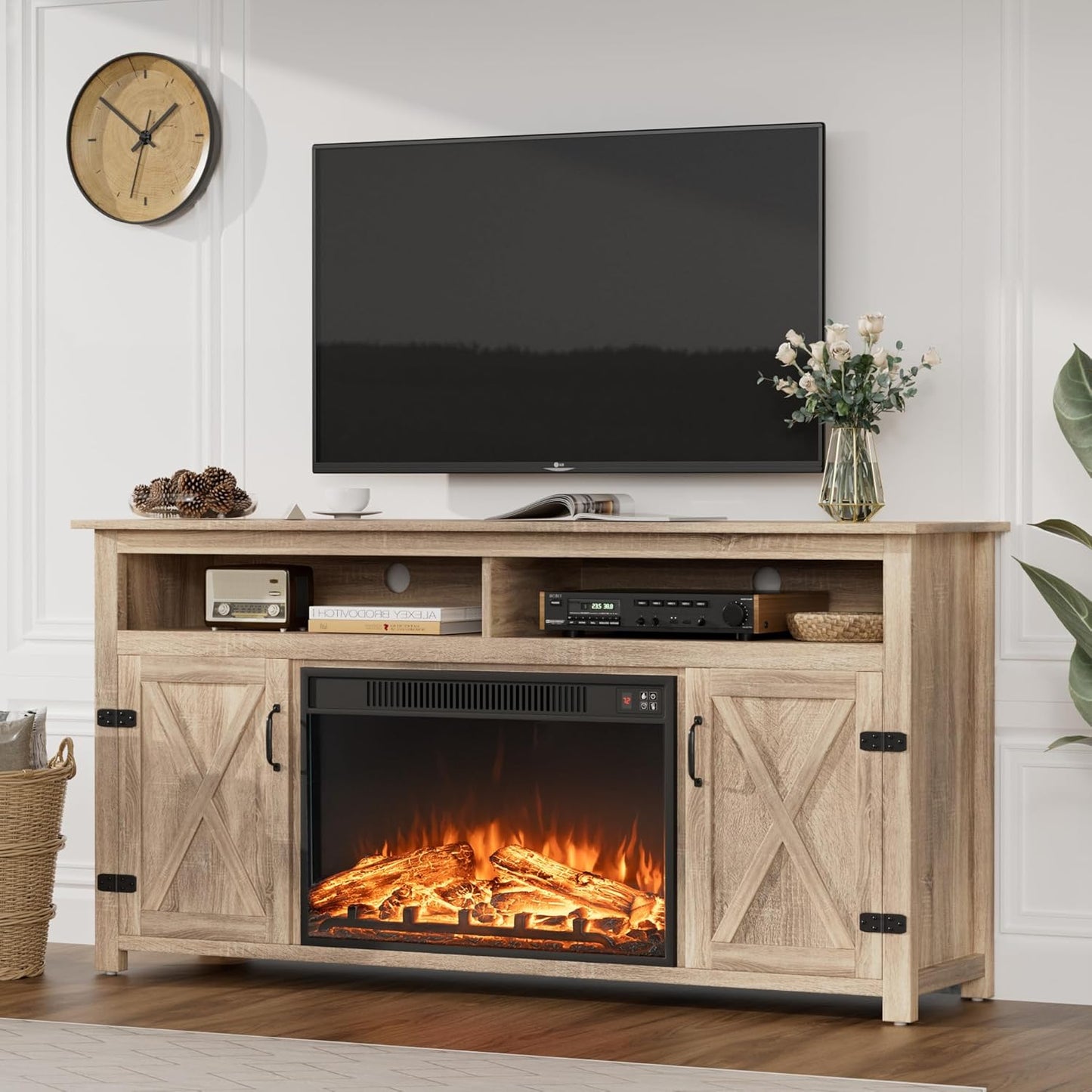 JUMMICO Fireplace TV Stand for TVs Up to 65 Inch with Storage
