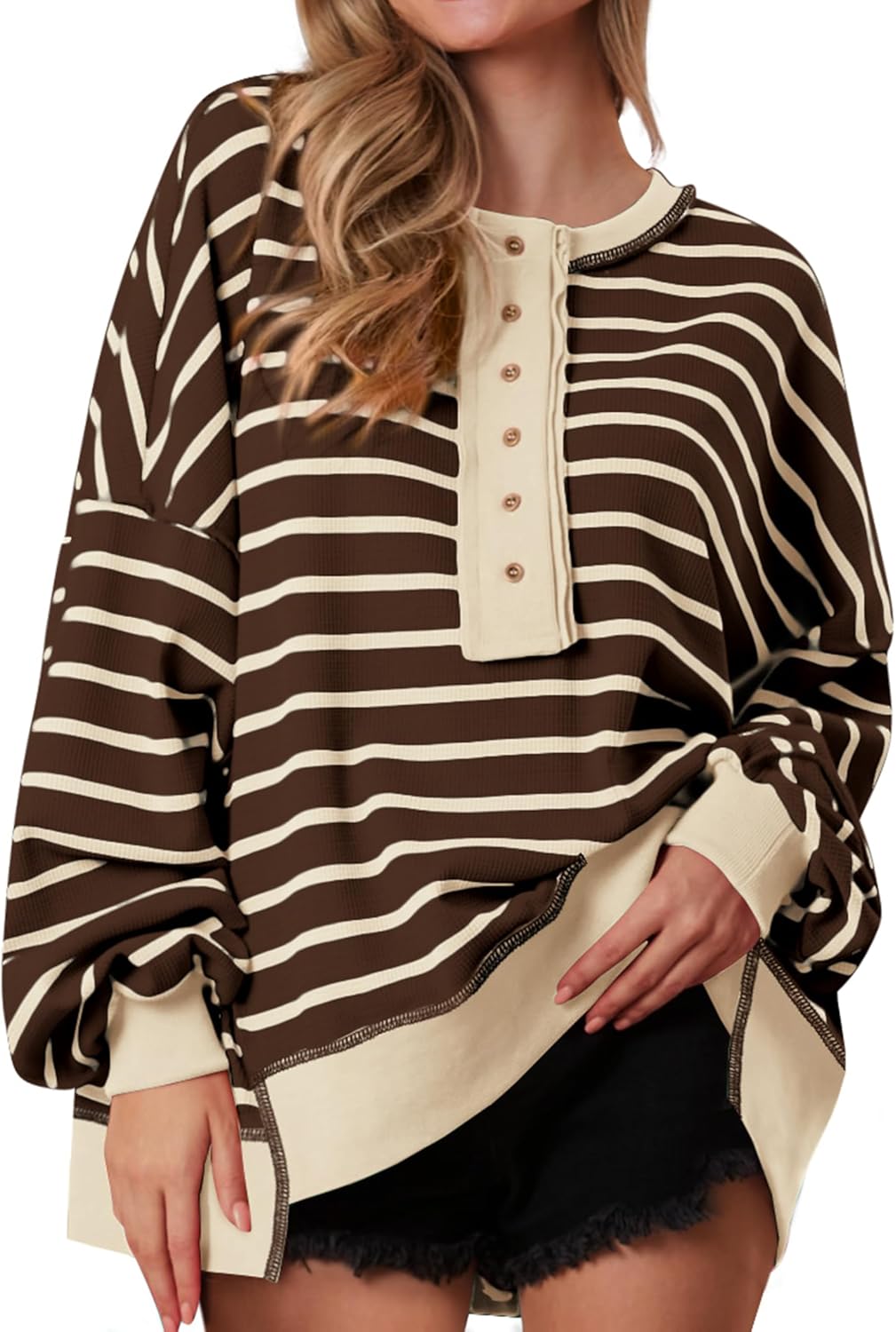 Oversized Striped Sweatshirt for Women - Cozy Waffle Knit Style