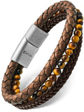 RTZN Multi Strand Tiger Eye and Brown Braided Leather Bracelet