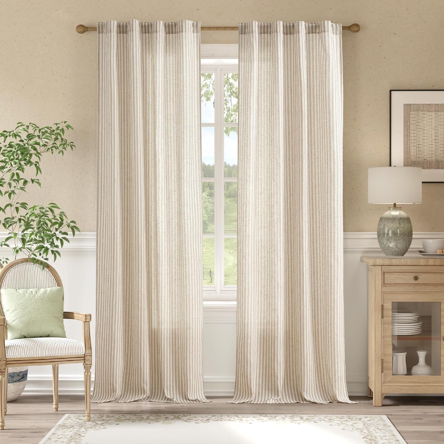 Taupe Grey Pinstripe Linen Curtains for Modern Farmhouse Style